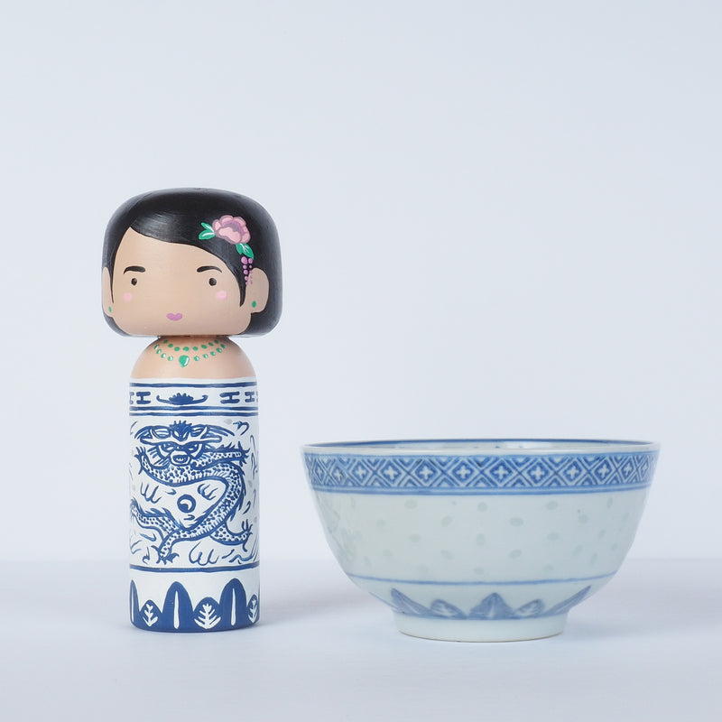 East Meets West Kokeshi - Asian Culture - Traditional White and Blue Rice bowl