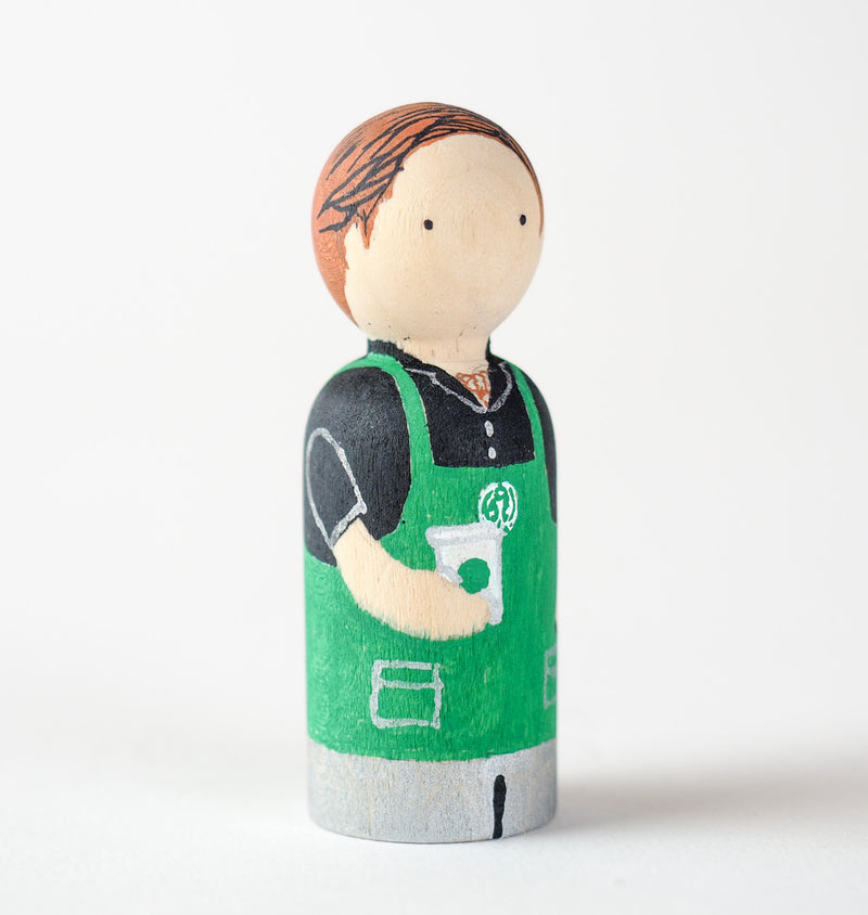 Occupational gift - Barista Peg dolls. Give something unique and personalized.  Custom peg dolls of your family, friends, or colleagues!  They are hand-painted that show the uniqueness of each individual with their hobbies or occupations.  This will definitely touch the heart and bring smiles.  These are great for birthdays, anniversary, parent's gifts, grandparent’s gifts, retirement, graduations, communion, colleague’s going away gift, or any other occasions.