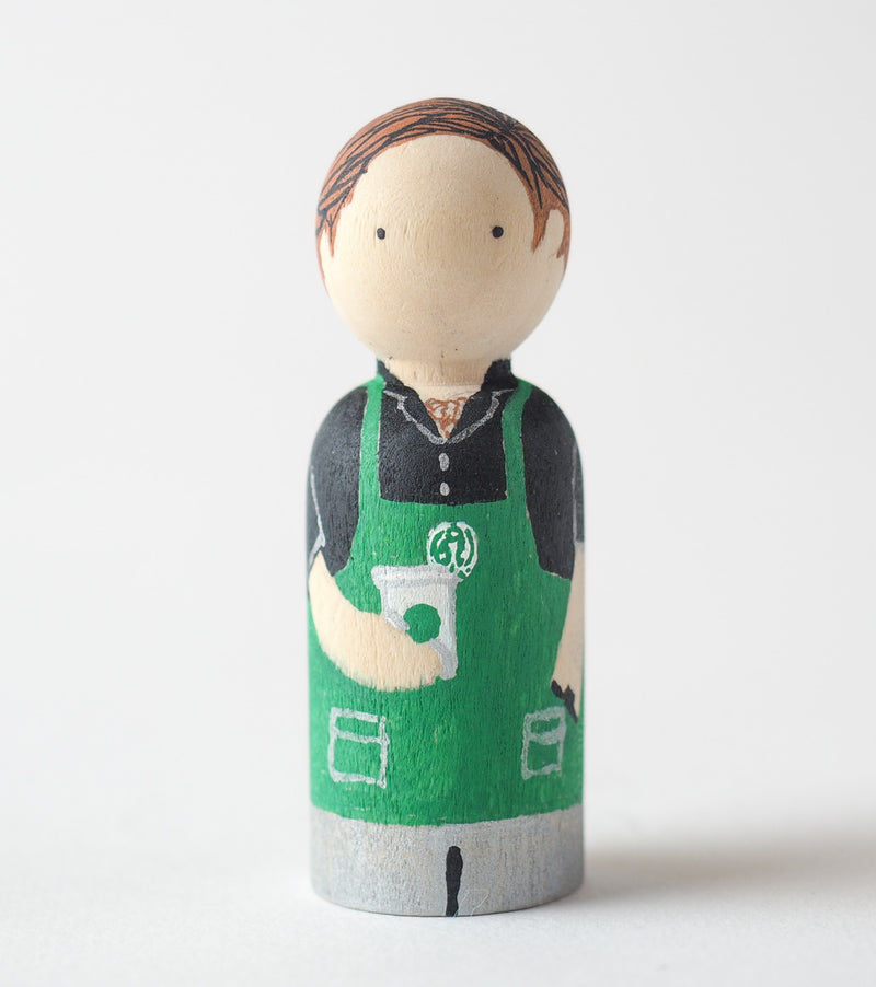 Occupational gift - Barista Peg dolls. Give something unique and personalized.  Custom peg dolls of your family, friends, or colleagues!  They are hand-painted that show the uniqueness of each individual with their hobbies or occupations.  This will definitely touch the heart and bring smiles.  These are great for birthdays, anniversary, parent's gifts, grandparent’s gifts, retirement, graduations, communion, colleague’s going away gift, or any other occasions.
