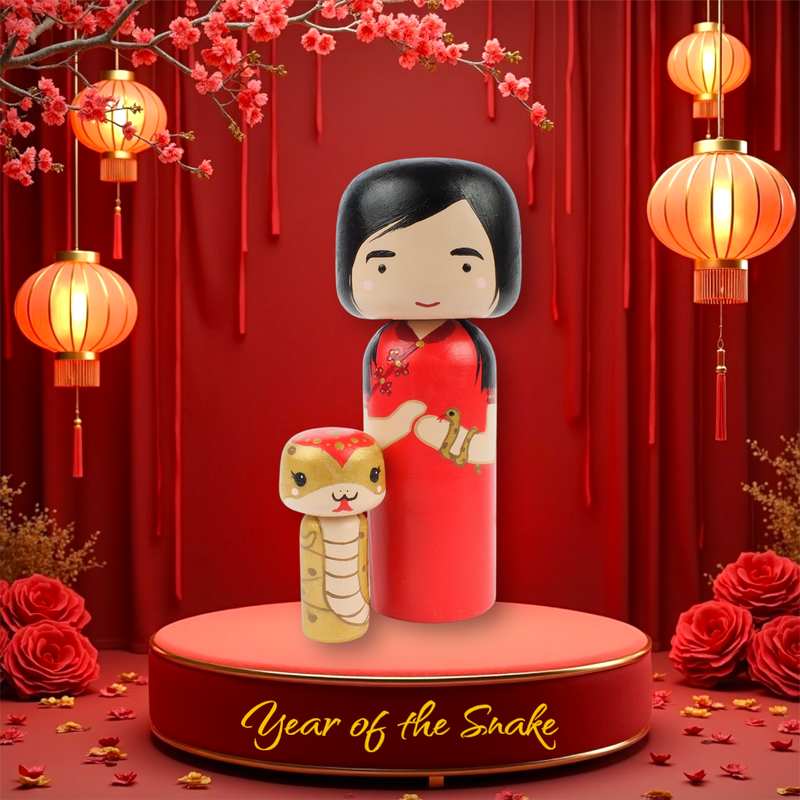 Hand-Painted Lunar New Year Kokeshi Set – Year of the Snake