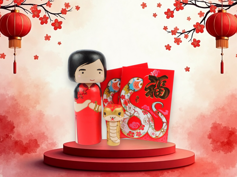 Hand-Painted Lunar New Year Kokeshi Set – Year of the Snake