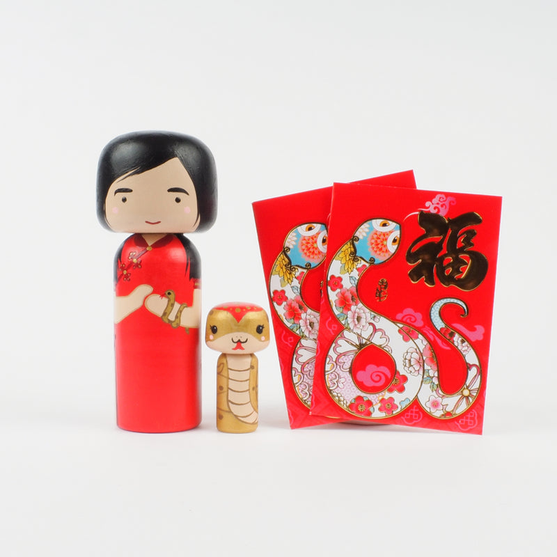 Hand-Painted Lunar New Year Kokeshi Set – Year of the Snake