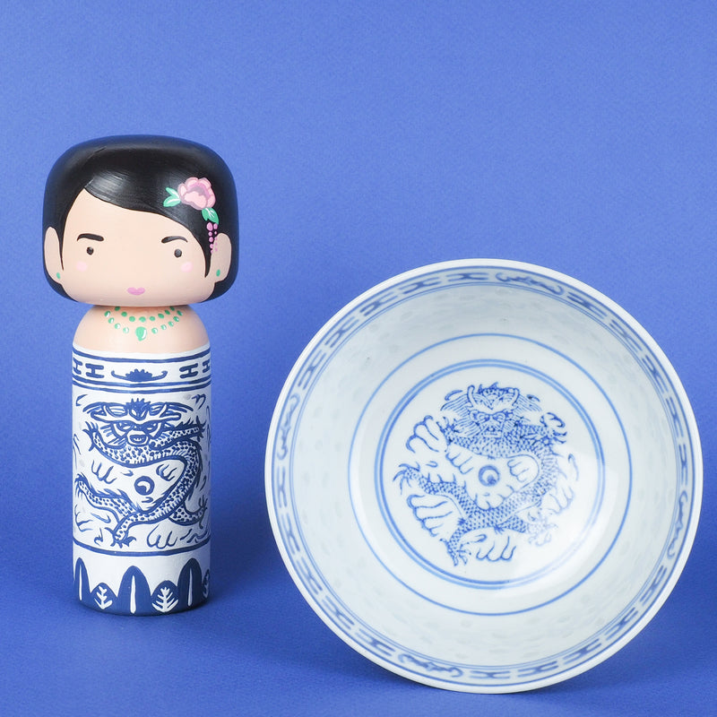 East Meets West Kokeshi - Asian Culture - Traditional White and Blue Rice bowl