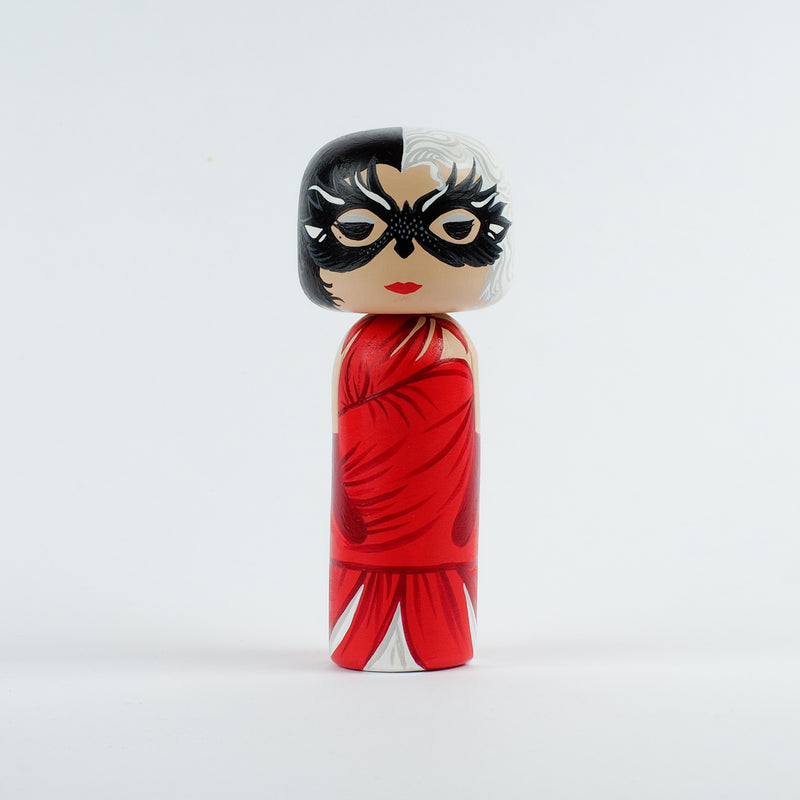Cruella - Hand-painted custom Kokeshi dolls!  Give something unique and personalized.  Customize your family, friends, favourite Movies and TV shows characters, or celebrity on Kokeshi dolls!  They are hand-painted with love that show the uniqueness of each individual. 