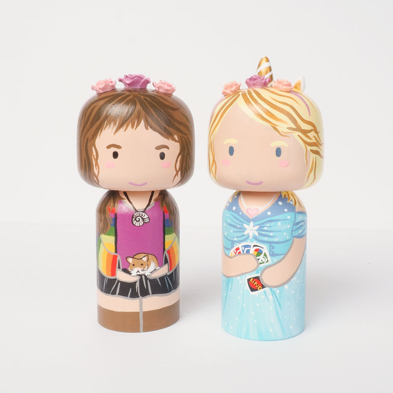Introducing our new family portrait Kokeshi dolls!  Give something unique and personalized.  Customize your family, friends, or colleagues on Kokeshi dolls!  They are hand-painted with love that show the uniqueness of each individual.   This will definitely touch the heart and bring smiles of your special someone.  These are great for birthdays, Christmas, anniversary, parent's gifts, grandparent’s gifts, retirement, graduations, colleague’s going away gift, or any other occasions.