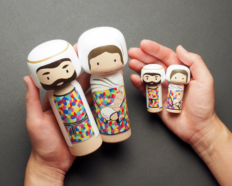 Jesus is the gift!  Christmas is all about Him.  To honour this special season, I am pleased to introduce this nativity set to celebrate the birth of Jesus.  This tiny nativity set include Baby Jesus with Mary, Joseph.  The colourful attires of Mary and Joseph are inspired by the beautiful stained glass of churches.  The 2 tiny Kokeshi dolls (Baby Jesus with Mary and Joseph) are 6cm or approximately 2.4" tall, they are less than half of the sizes of our large Kokeshi dolls.  