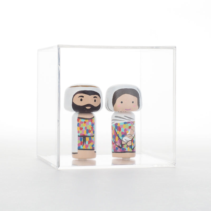 Jesus is the gift!  Christmas is all about Him.  To honour this special season, I am pleased to introduce this nativity set to celebrate the birth of Jesus.  This tiny nativity set include Baby Jesus with Mary, Joseph.  The colourful attires of Mary and Joseph are inspired by the beautiful stained glass of churches.  The 2 tiny Kokeshi dolls (Baby Jesus with Mary and Joseph) are 6cm or approximately 2.4" tall, they are less than half of the sizes of our large Kokeshi dolls.  