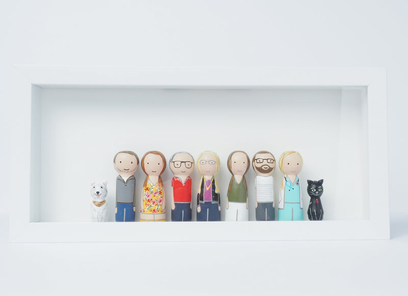 Shadow box framed Big Family portrait - Peg Dolls