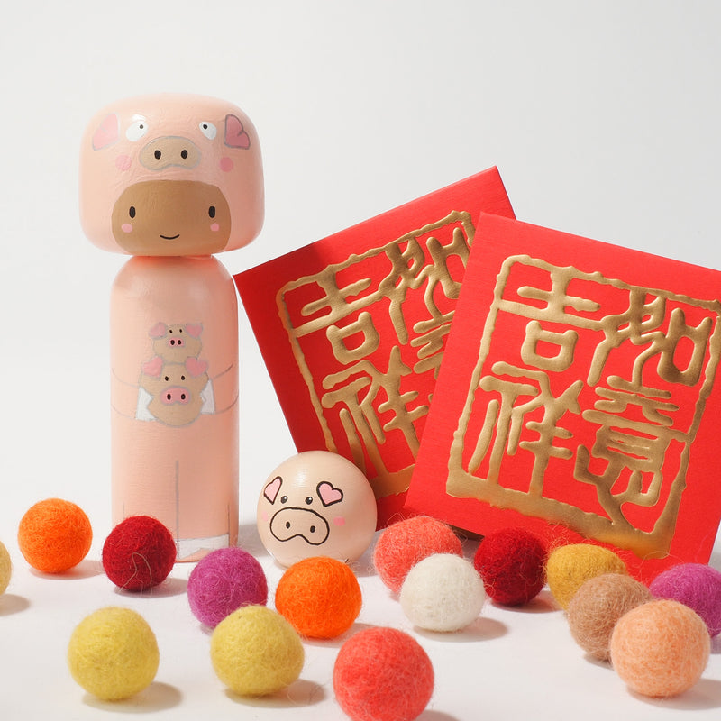 Kokeshi doll in Pig costume!  This cute piggy doll will warm your heart or your someone special.  Perfect gift for anyone who are in love with piggy!   All dolls are hand-painted with love.  Collect them all, other animals are also available.