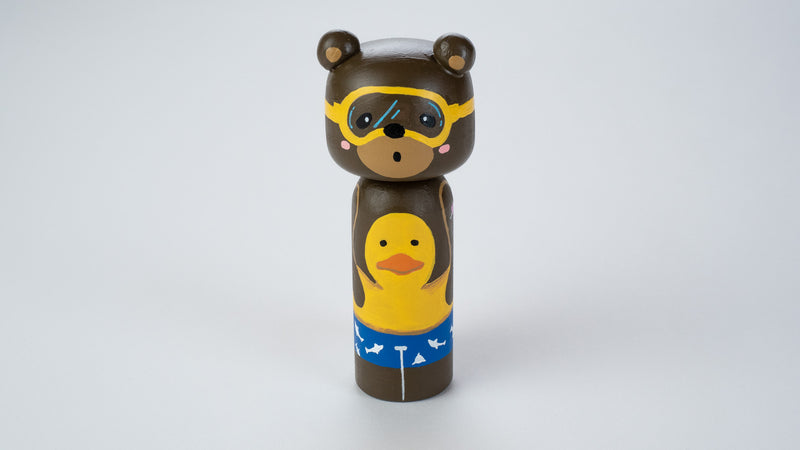 Teddy Bear in rubber ducky - wooden Kokeshi Doll