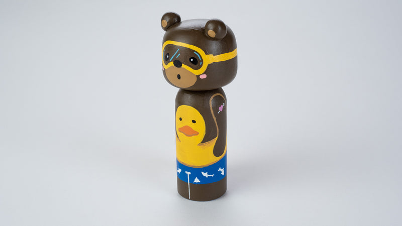 Teddy Bear in rubber ducky - wooden Kokeshi Doll