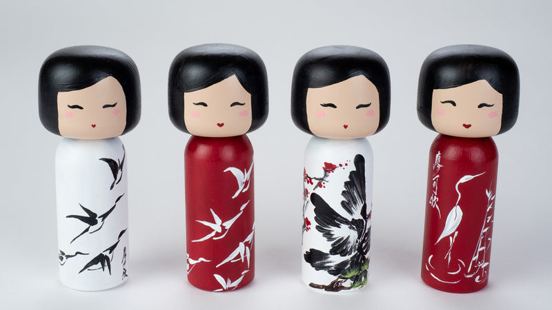 Chinese Painting - Birds on a Wooden Kokeshi Doll