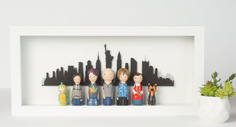 Custom family portrait Peg doll with city landscape - Toronto, Canada