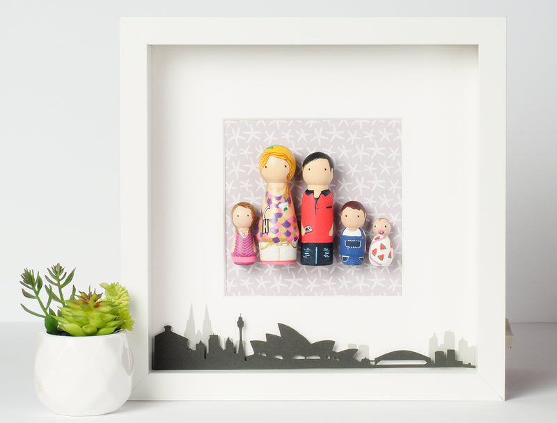 Personalized family peg doll portrait with city landscape - London, UK