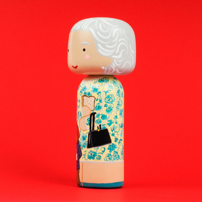 Queen Elizabeth Kokeshi peg doll.  Hand painted.