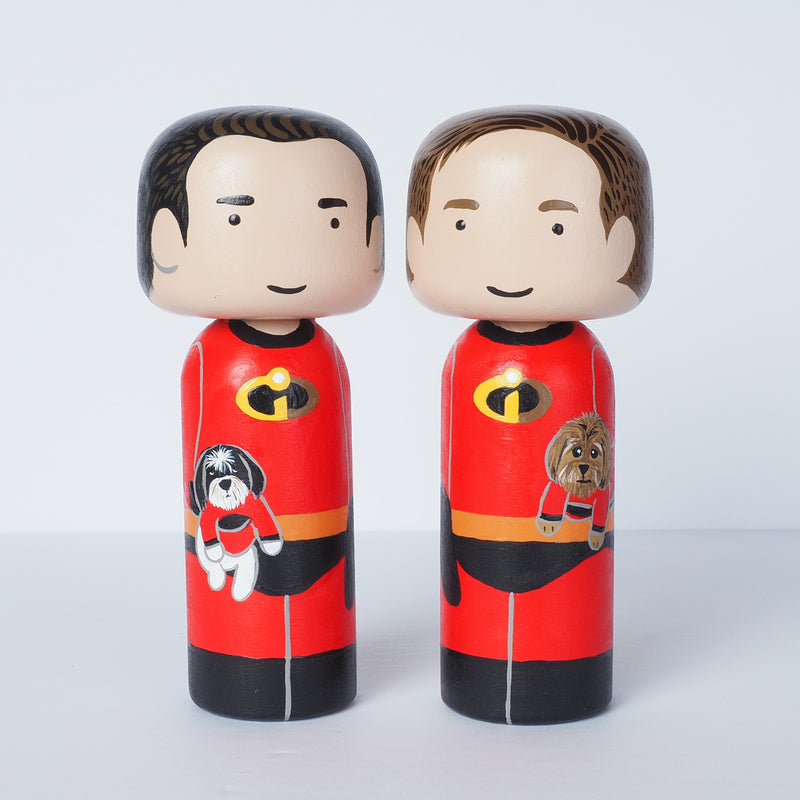 The Incredibles - custom family Kokeshi portrait with pets