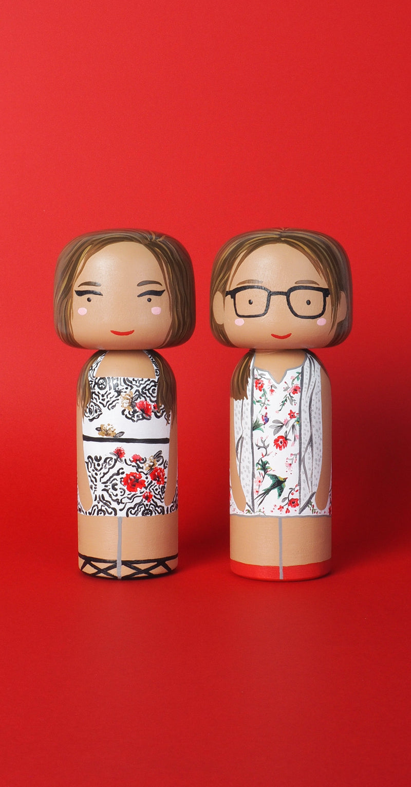 Modern Kokeshi custom family portrait peg doll 6" tall