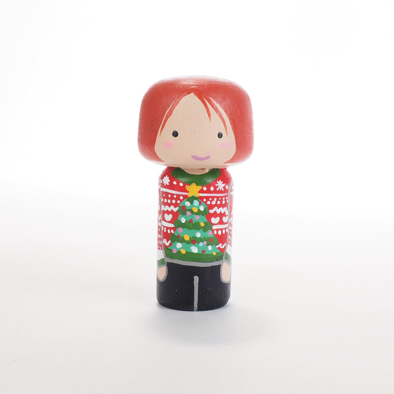 Ugly Christmas Sweater Family Peg Dolls and mini Kokeshi - Mini Family Portrait